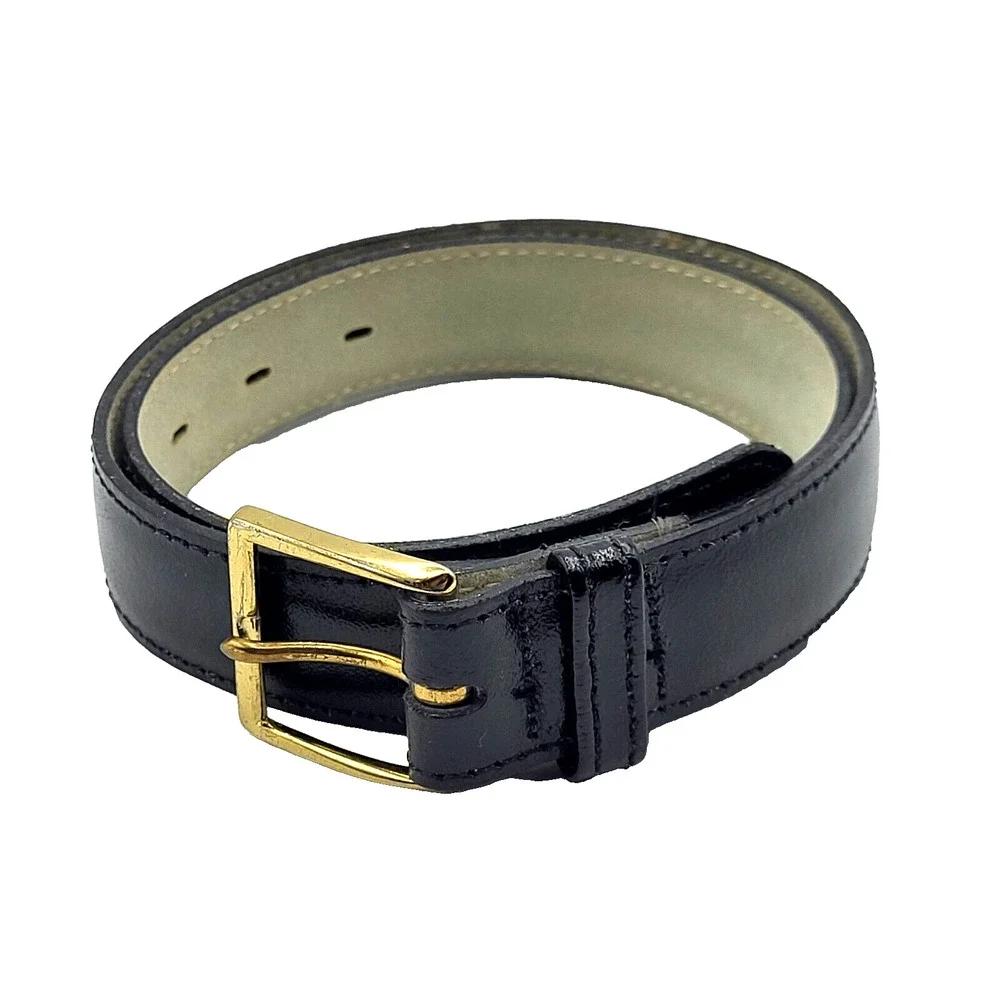 Vintage 90s Shiny Black Leather Boys Belt Brass Buckle 24
